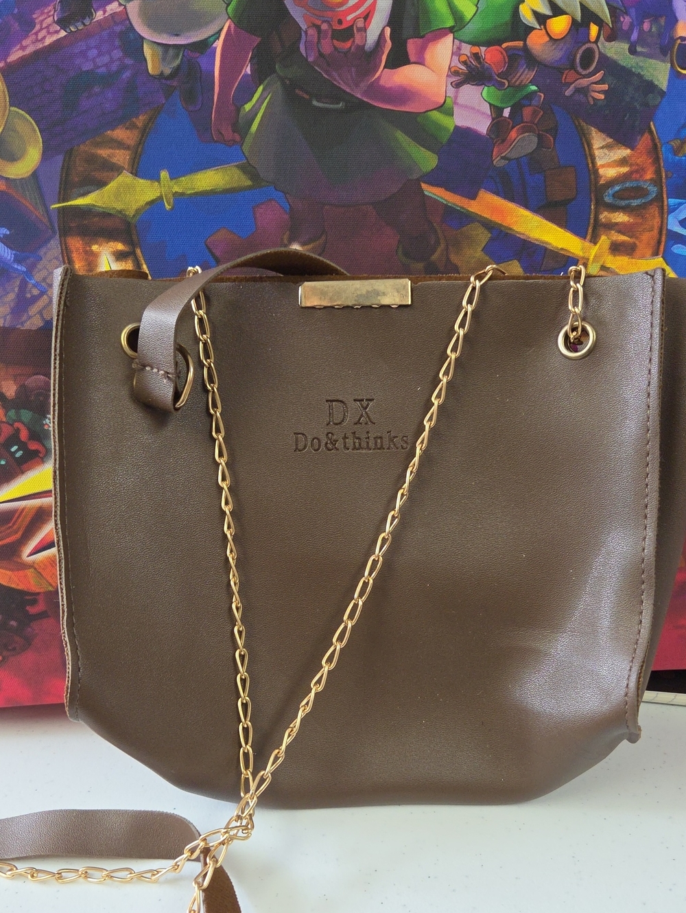 Think! Brown Leather-Look Shoulder Bag with Gold Chain